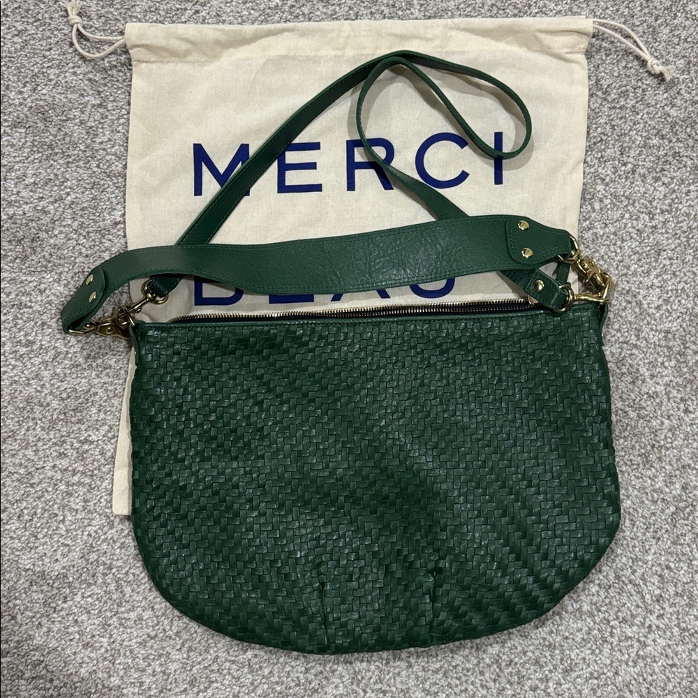 Clare V Dark Green Woven Leather Shoulder Bag